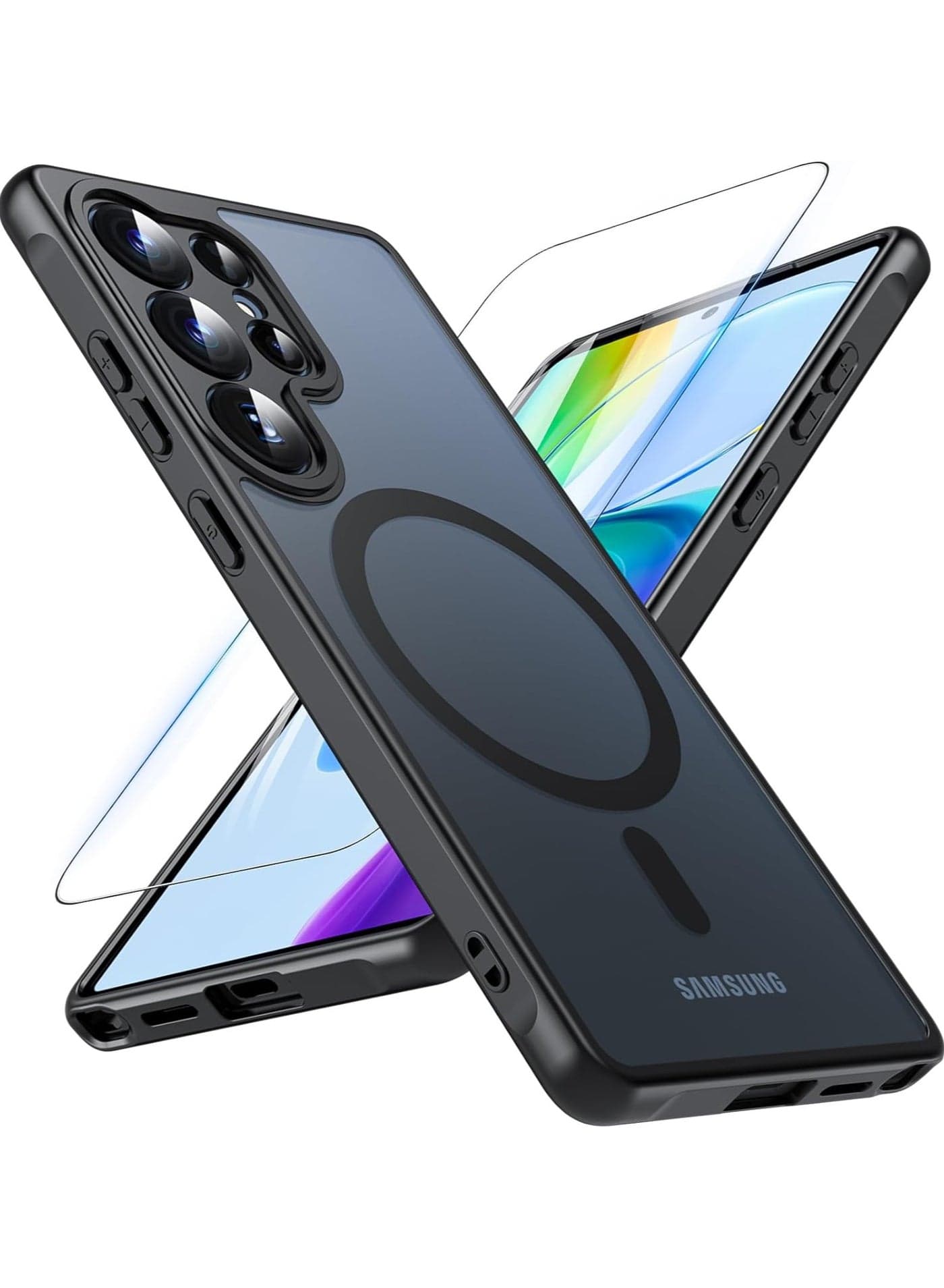 For Samsung Galaxy S25 Ultra Magnetic Case and Screen Protector Accessories, TPU+PC Shockproof Bumper Mobile Phone Case, Matte Skin-friendly Anti-fingerprint Slim Fit Protective Casing