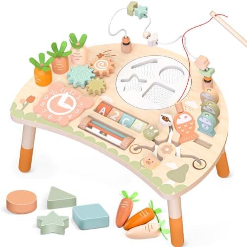 Hewaurorion Wooden Activity Table for Toddlers 13 9 in 1 Montessori Sensory Table with Bead Maze Shape Sorter Fishing Game Baby Activity Center Learning Toys for 1 2 3 Year Old Boys Girls