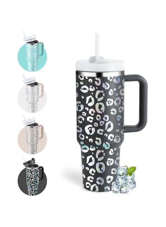 40oz Leopard Tumbler with Handle Straw Lid, Stainless Steel Vacuum Insulated Reusable Travel Mug Keep Drinks Cold Ice Gym Cup, Gifts for Women Lovers, Car Holder Friendly, Gray