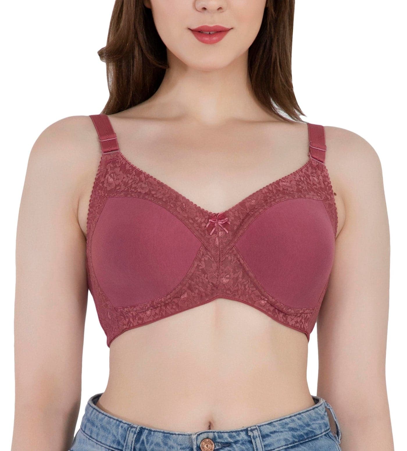 LacyLuxe Women's Seamless Padded Bra | Full Coverage | Cotton Stretch Fabric and Nylon Lace | Broad Adjustable Straps (Dark Peach, 34B)
