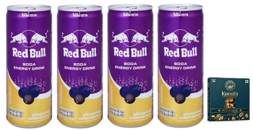 Red Bull Energy Drink, Blueberry, Blackcurrant Flavor, Limited Editin, 250ml Cans, X Pack of 4 (From Thailand) Get Free Flavourito Kunafa Chocolate 20g From DECADENT FOODS