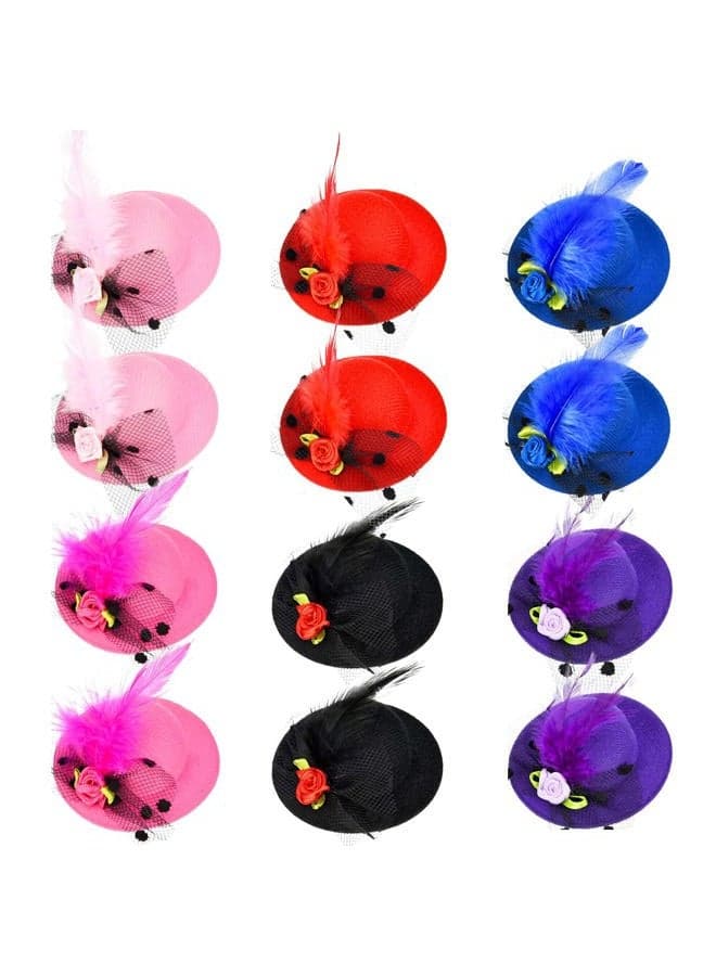 12 Pieces Girl Hair Clip Mini Hat Fascinator Hair Clip with Ribbon Flowers Faux Feather Mesh Bow Barrette Hairpin for Girls Toddler Costume Accessory, 6 Colors