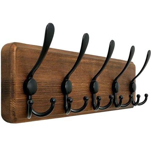 WEBI Rustic Coat Rack Wall Mount,Solid Wood Coat Hooks Wall Mounted Coat Hanger,16" Hole to Hole,Hook Rack Rail,5 Triple Hooks for Hanging Coats,Jacket,Clothes,Brown