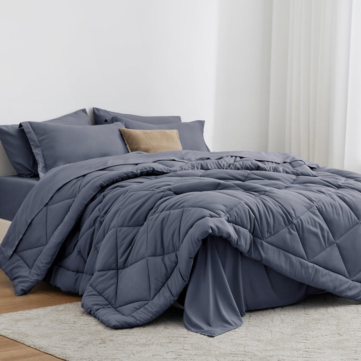 Loves cabin Full Comforter Set Navy Blue 7 Pieces Full Bed in a Bag All Season Bedding Sets with 1 Comforter 1 Flat Sheet 1 Fitted Sheet 2 Pillowcase and 2 Pillow Sham
