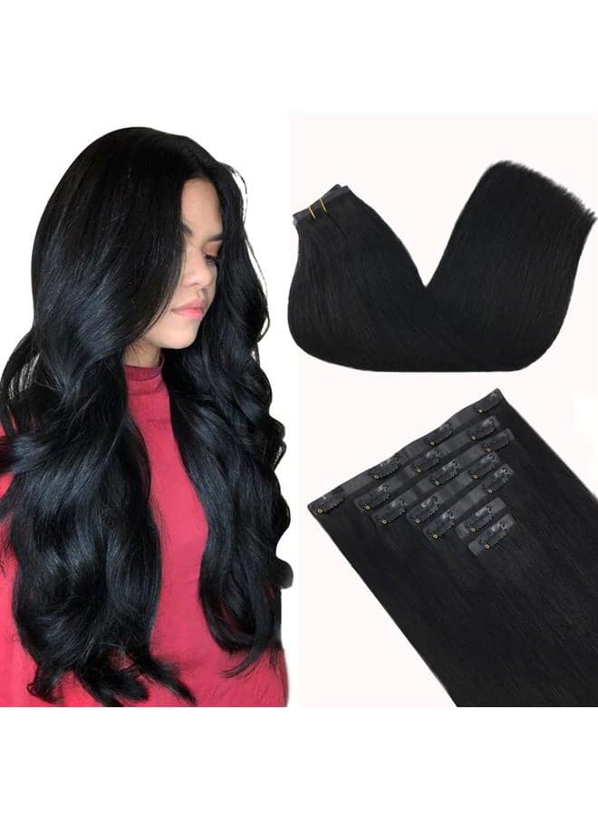 PU Clip in Hair Extensions Human Hair Jet Black 150g 7pcs 22 Inch Thick Real Hair Extensions with PU Weft Seamless Hair Extensions Human Hair Remy Human Hair Extensions