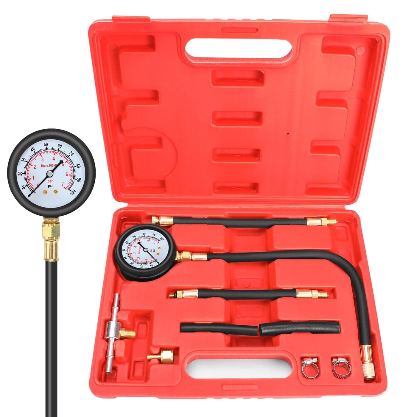 BETOOLL Fuel Pressure Test Kit Fuel Pressure Gauge 0100PSI Fuel Injection Pump Pressure Tester Gauge Kit for Car Motorcycle Truck RV SUV ATV