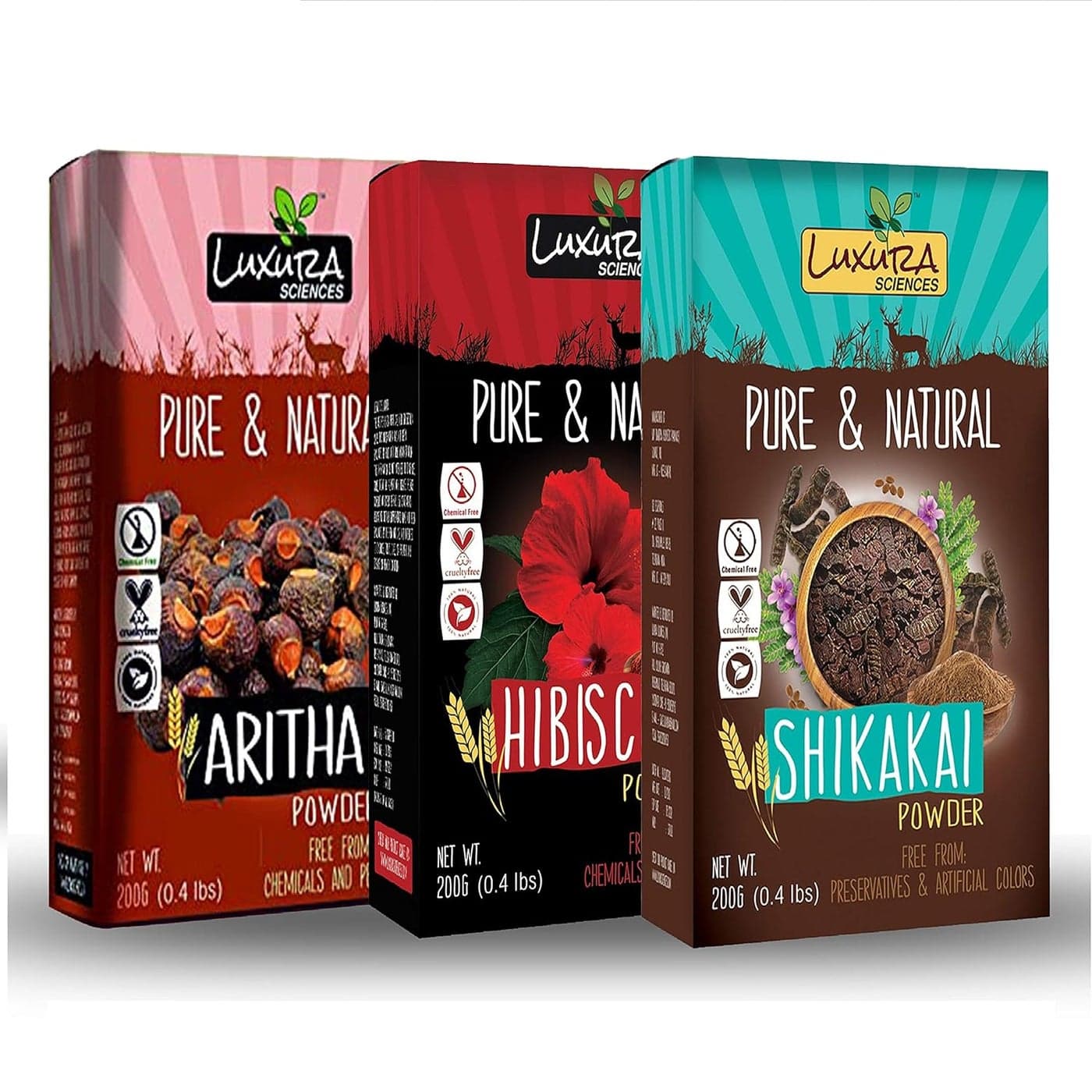 Luxura Sciences Natural Hair Care Set 200g Each Hibiscus Aritha Shikakai Hair Powder Combo Nourish Strengthen Cleanse Revitalize Hair Naturally