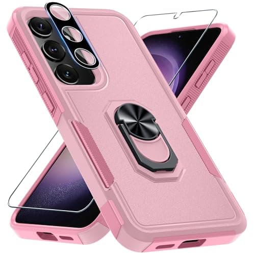 for Samsung Galaxy S25 Plus/S24 Plus Case with Screen Protector+Camera Lens Protector,Heavy Duty Shockproof Full Body Protective Cover Built in Rotatable Metal Ring Holder Kickstand,2025 Cute Pink