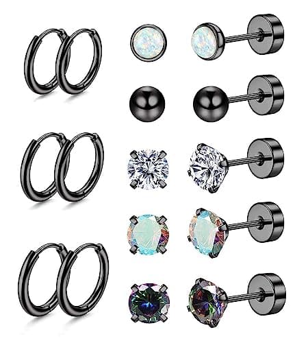 Jstyle Surgical Steel Earrings for Sensitive Ears Hypoallergenic 20G Stainless Stud Hoop Earrings for Women Men Small Ball Opal CZ Surgical Steel Flat Back Earrings Cartilage Hoop Earrings Black Tone
