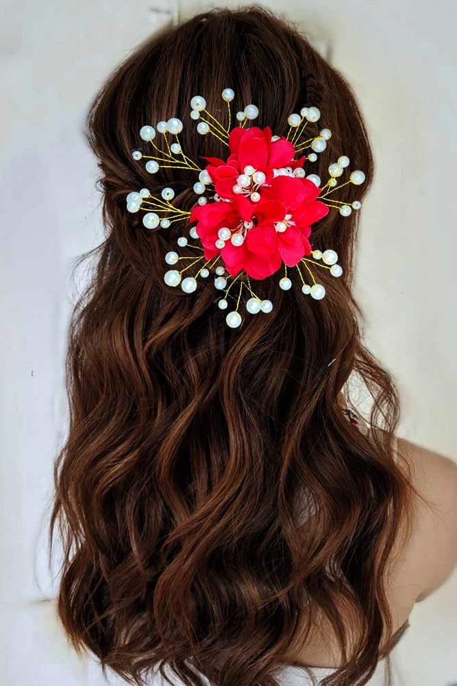 Hair Flare Floral Shaped with Pearl Hairpin| Hairclip| Hair Accessories|Judabun| Judapin for Women & Girls- 2325, Red