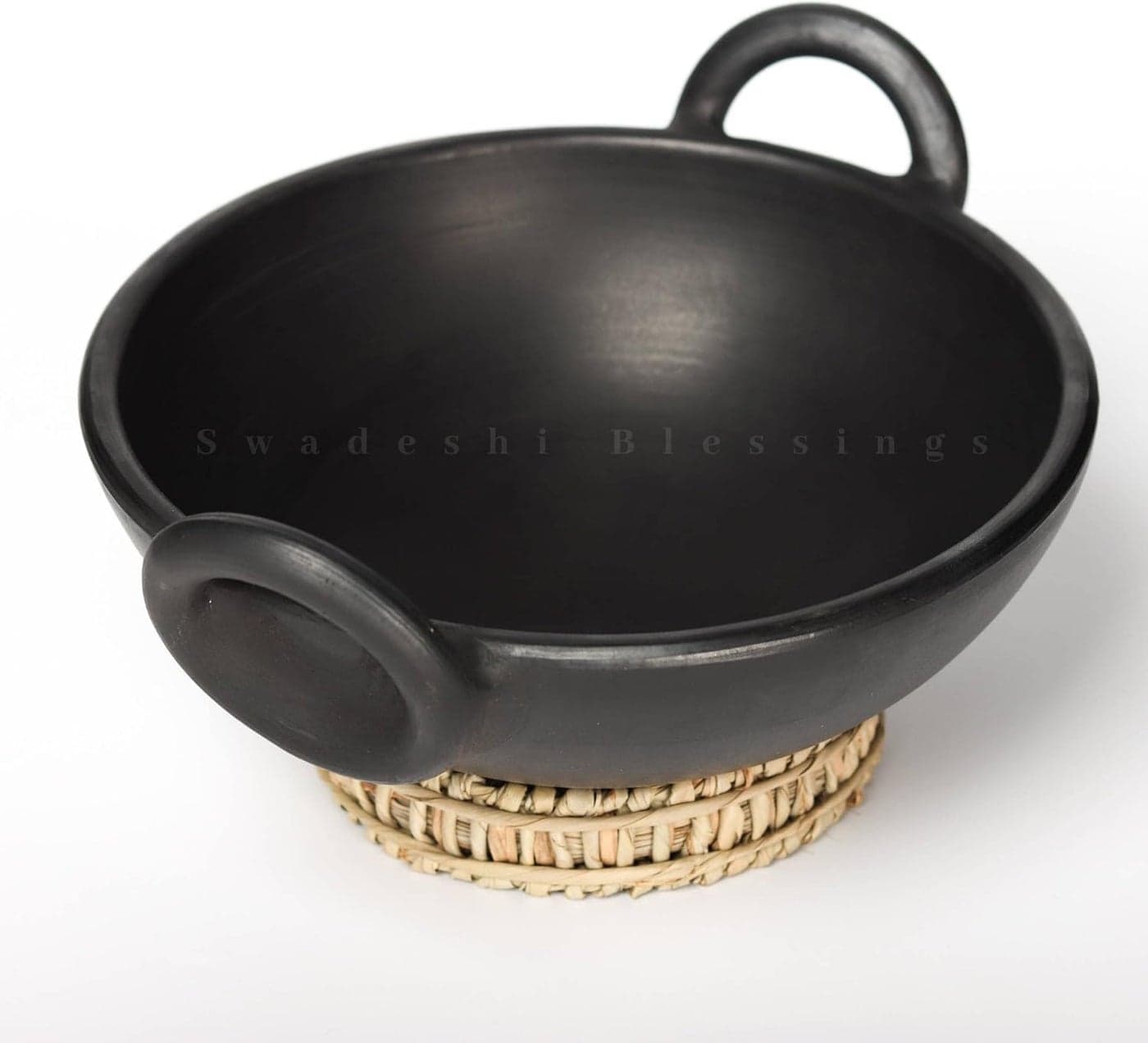 SWADESHI BLESSINGS HandMade Exclusive Range Unglazed Clay/Mitti/Earthen Kadai for Cooking, 1.8Liters (with Natural Firing Shade & Mirror Shine) + Free Palm Leaf Stand (Red 1.8 Litres)