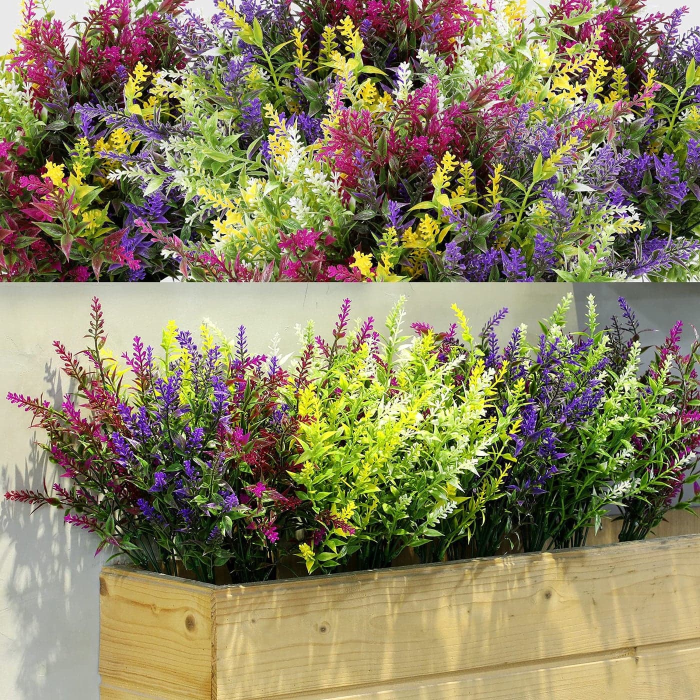 Xinnun 24 Bundles Flowers Outdoor Plants Fake Lavender Plant Artificial Greenery Decoration UV Resistant Plastic Faux Flowers for Home Garden Porch Courtyard Outdoor Indoor
