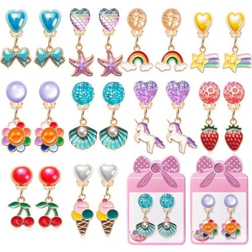 ERDOGLY Clip on Earrings for Girls 10 Pairs Kids Clip on Earrings Cute Toddler Earring Party Favor Dangle Stick on Earring for Little Girls Pretend Princess Play Dress up Jewelry Gift Set