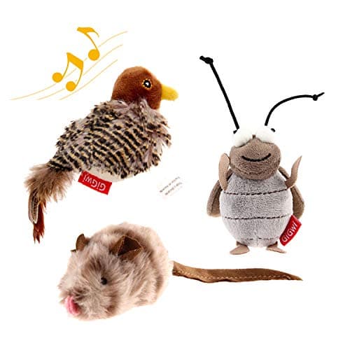 Gigwi Automatic Cat Toys Pack Interactive Electronic Plush Toys with BirdCricketMouse Sounds for Indoor Cats to Play Alone and Squeak 3 Pcs
