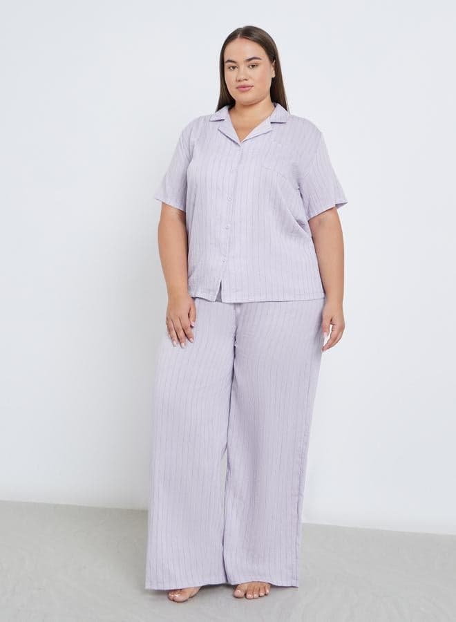 Styli Plus Viscose Textured Double Stripe Shirt and Pyjama Set