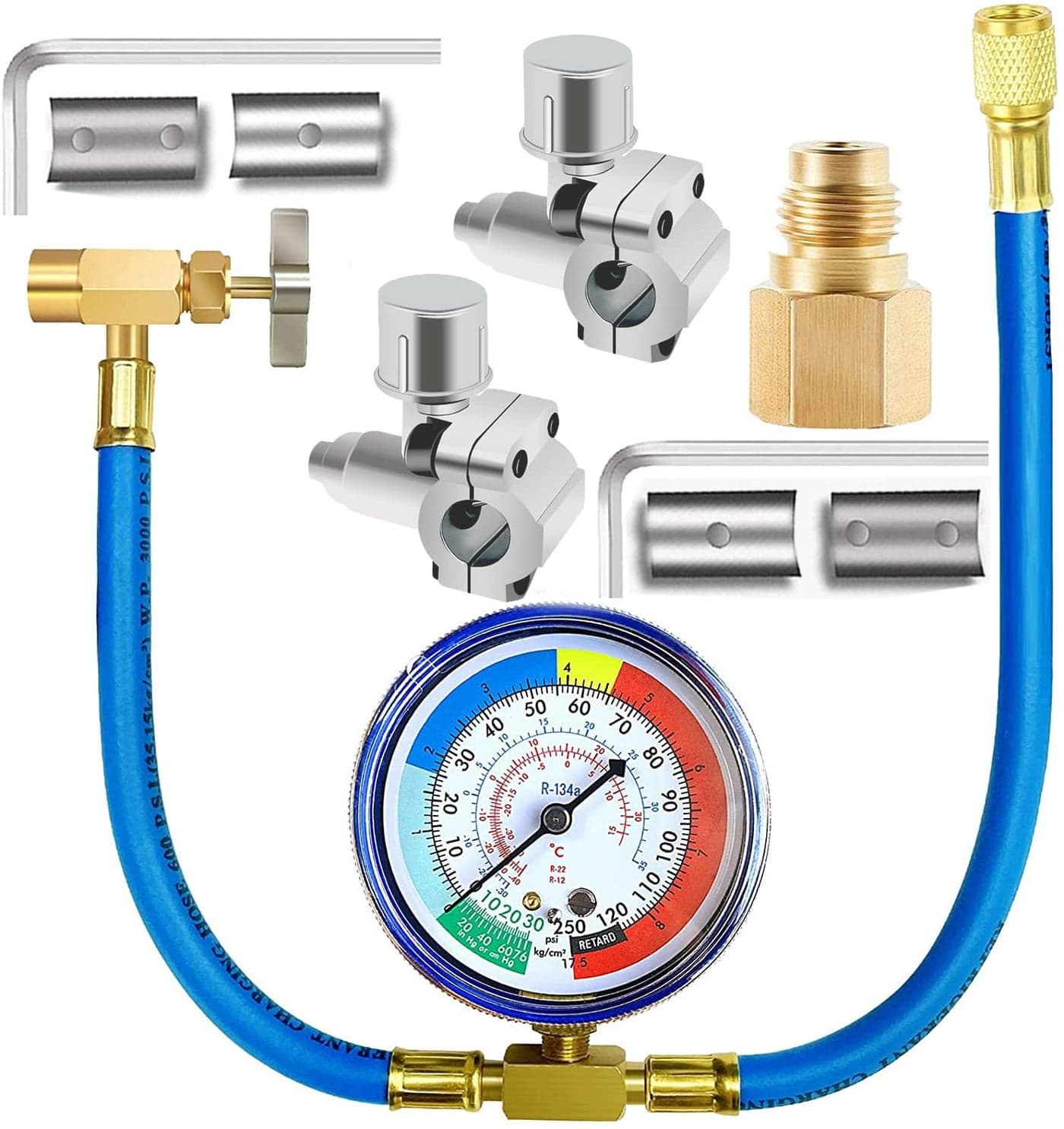 R134A Refrigerator Freon Recharge Hose Kit, R134A AC Refrigerant Charging Hose Gauge, Bullet Piercing Valve Hose Refrigerant Can Tap, R134a Self-Sealing Adapter for Home AC Refrigerant System