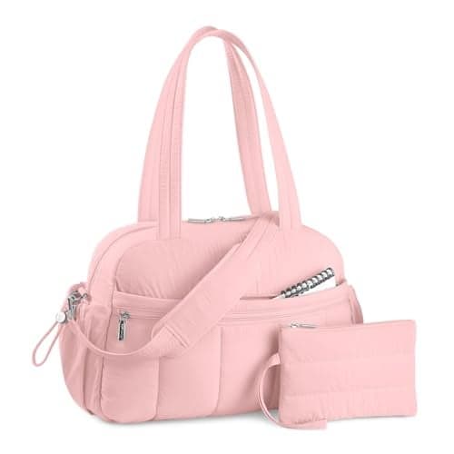 TOPDesign Travel Duffel Bag for Women Puffer Gym Bag Sports Tote with Wet Pocket Carry On Weekender with Luggage Sleeve Baby Pink