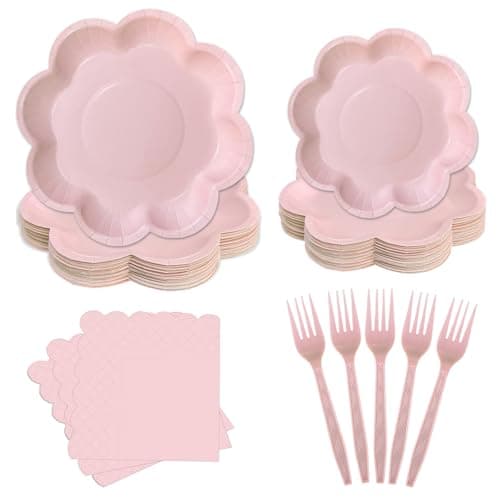 Yinbanban 96 Pcs Party Supplies Scalloped Paper Plates 10 inch & 8 inch,Paper Napkins Forks Disposable Light Pink Set of 24 Guests Great for Mother's day,Birthday,Wedding,Garden Events