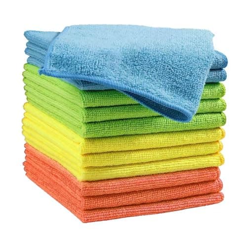 ZODISTORE Microfiber Cleaning Cloths (12-Pack), 14" x 14", Ultra Absorbent, Lint-Free, Streak-Free, Reusable, Ideal for Car, Kitchen, Window, and Household Cleaning (Orange/Yellow/Green/Blue)