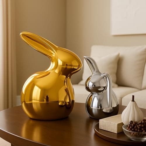 Xtore Home Décor Ceramic Cute Golden & Silver Rabbit Figurines (Set of 2, Golden and Silver)