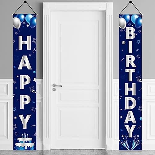 Turypaty Blue Silver Happy Birthday Door Banner Decorations for Men Boys,Happy Birthday Banner Porch Sign Party Supplies,16th 18th 21st 30th 40th 50th 60th Bday Decoration for Outdoor Indoor