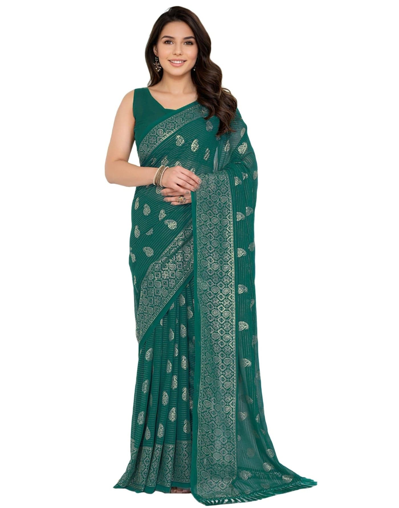 SIRIL Women's Georgette Foil Printed Saree With Unstitched Blouse (4635S795_Green)