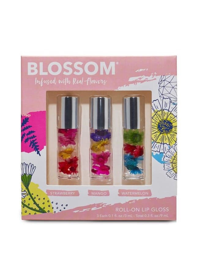 Roll on Lip Gloss, Scented Clear High Shine Moisturizing Lip Oil, Non Sticky, Infused with Real Flowers, Made in USA, 0.3 fl. oz./9ml, 3 pack Mini Gift Set, Strawberry, Watermelon, Mango