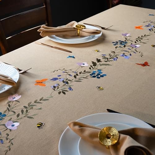 RUSTIQUE LINENS 100% Cotton | Premium Embroidered Tablecloth | 230 x 150 cm | Large Dining Table Cover for 8 Seater – Elegant & Washable-Summer Bloom
