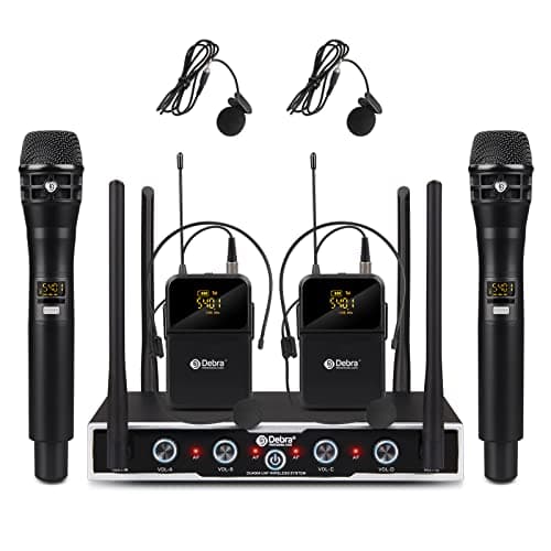 D Debra Audio Wireless Microphone System Pro DU4004 UHF 4 * 16 Adjustable Channel Wireless Handheld Lavalier Headset Mics, Ideal for Meeting Church Speech Party (2 Handheld 2 Bodypack)