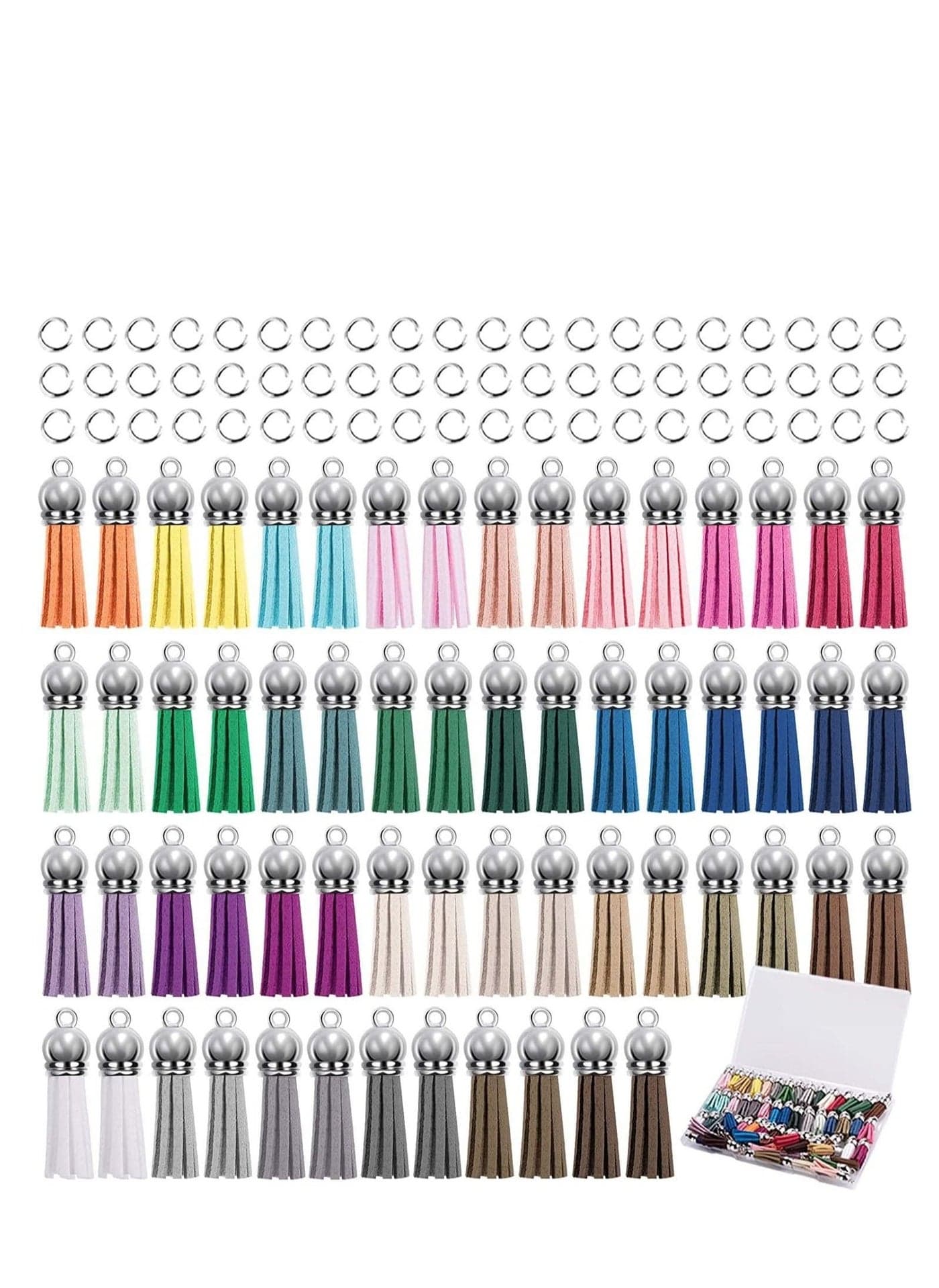 Key ChainTassels Kit, for Jewelry Making with 60 Pcs Leather Tassels Pendant and 60 Pcs Jump Rings for Crafts DIY Keychain Bracelets Silver(Bonus: 1 Pc Plastic Storage Box) 120 Pieces