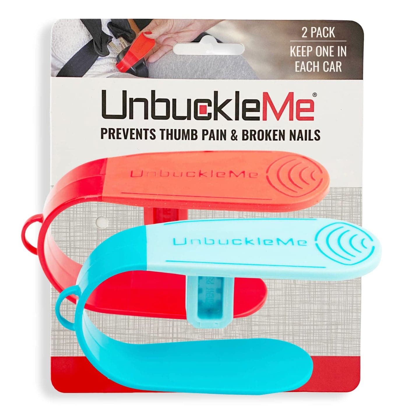 UnbuckleMe Car Seat Buckle Release Tool As Seen on Shark Tank Easy Opener Aid for Arthritis Long Nails Older Kids Button Pusher for Infant Toddler Convertible Car Seats 2 Pack Blue Red