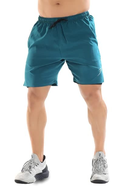 FUAARK Double Layer 2 in 1 Sports Shorts with Inner Tights for Men Gym Tight Short with Pocket (Medium, Teal)