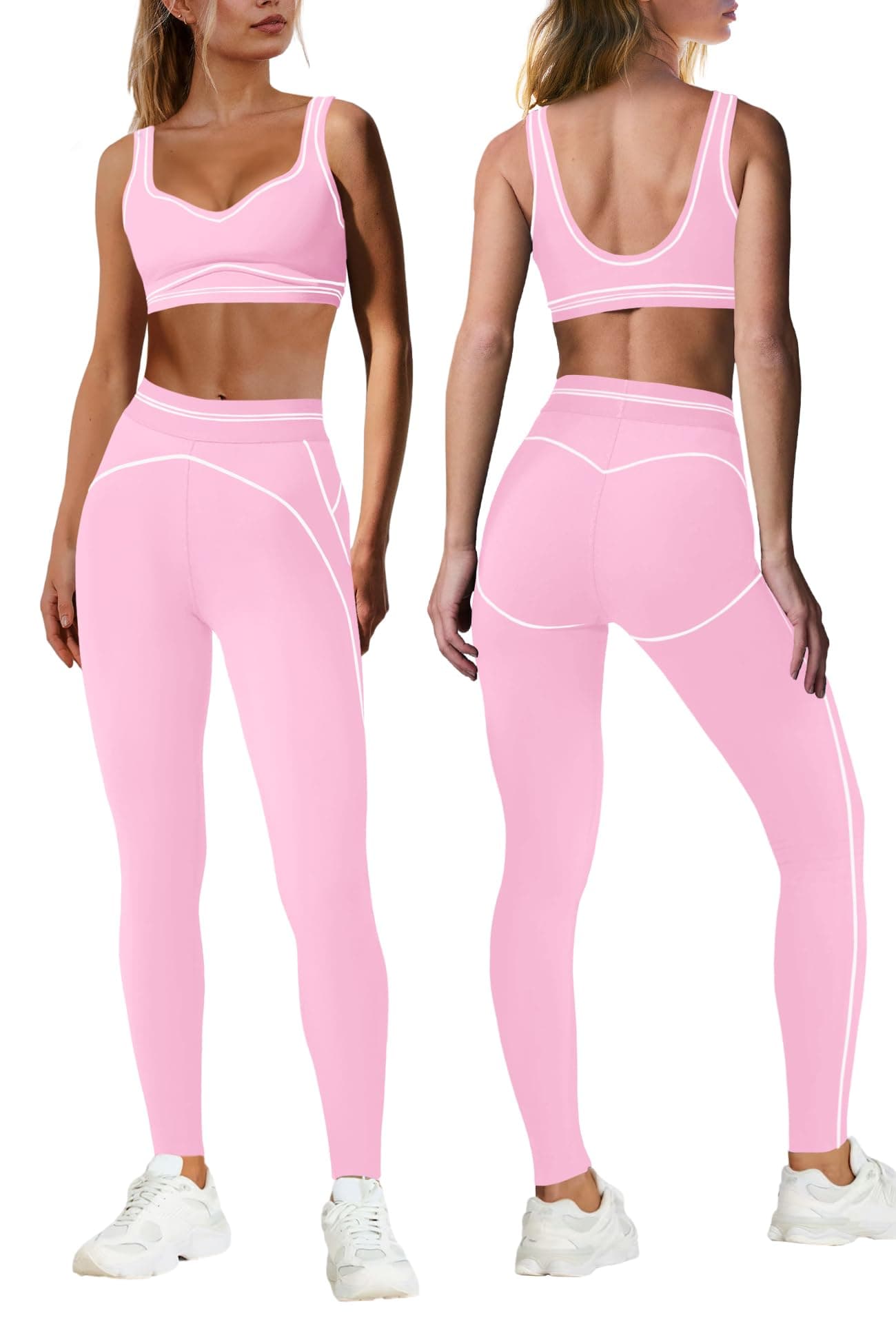 Nirovien Workout Sets for Women Athletic Gym Sets Activewear Workout Outfits Tummy Control Leggings and Bra(Light Pink,L)