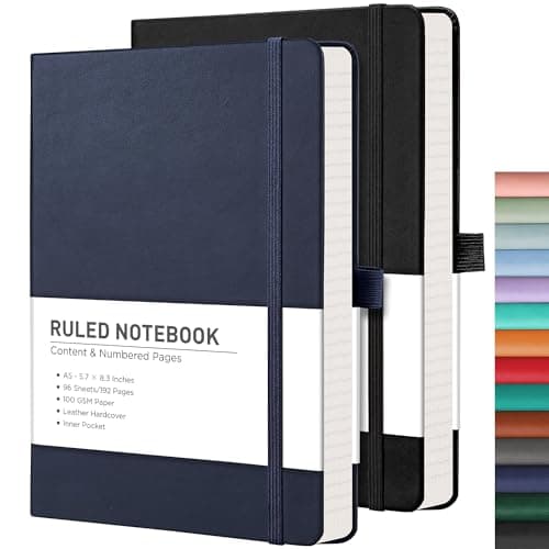 RETTACY Lined Journal Notebook, 2-Pack, 192 Numbered Pages per Pack, A5 Medium Size (5.7'' x 8.3''), for Men & Women, Writing, Work, Leather Hardcover, 100 GSM Thick Paper (Black & Navy Blue)