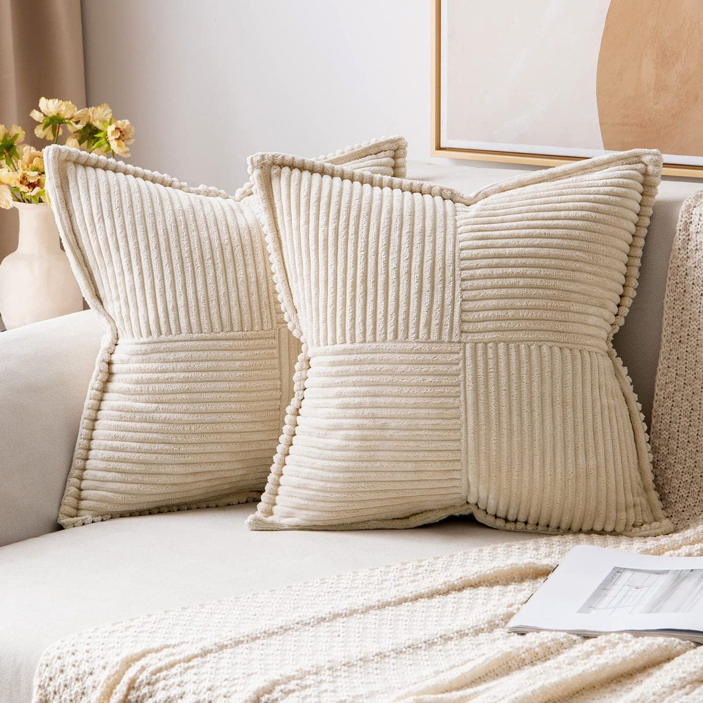 MIULEE Corduroy Cushion Covers Pack of 2 Decorative Modern Patchwork Throw Pillow Covers Pillowcase Cushions for Home Spring decor Sofa Couch with Invisible Zipper 18x18 Inch Creme 45x45 cm