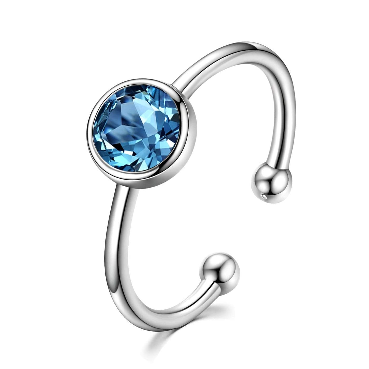 AOBOCO 925 Solid Sterling Silver Rings March Birthstone Ring Simulated Aquamarine Adjustable Ring for Women Stackable Wrap Open Ring, Crystals from Austria