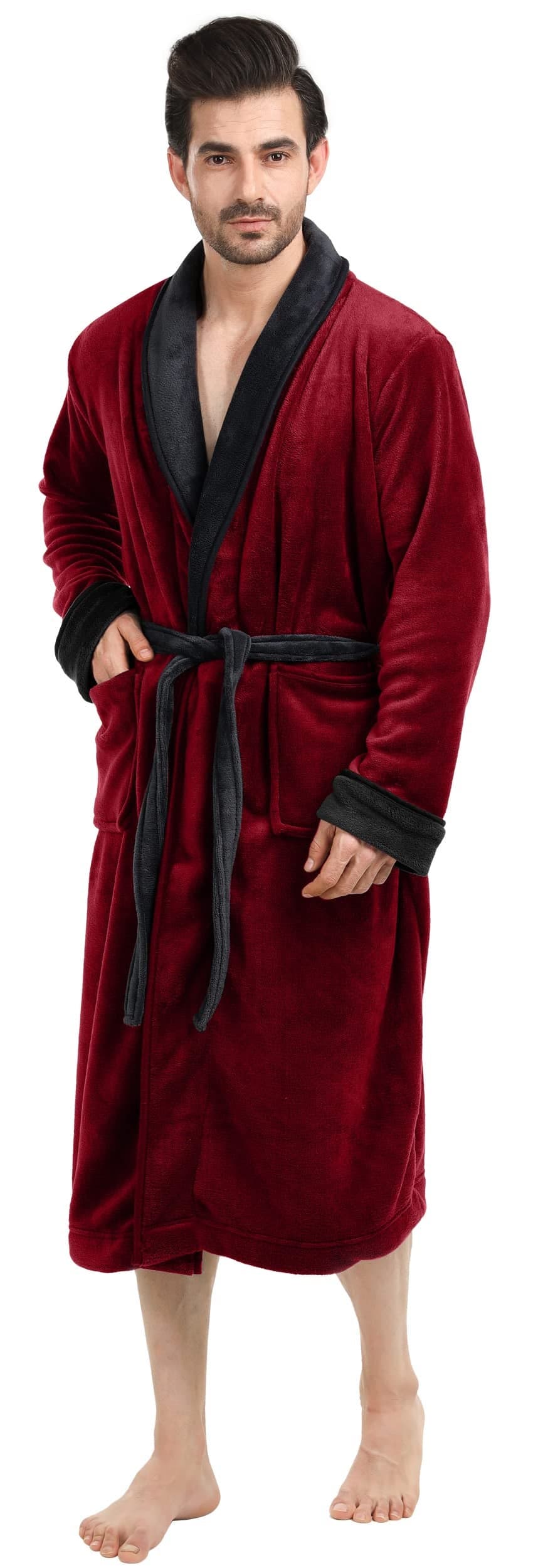 NY Threads Luxurious Mens Shawl Collar Fleece Bathrobe Long Spa Robe LargeXLarge Burgundy Black