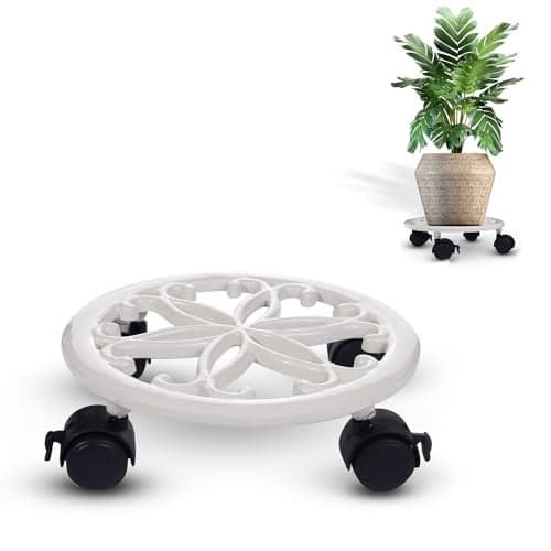 Sharpex Pack of 1 Metal Caddy Iron Dolly on Round Rack Rustproof Sturdy Potted Indoor Outdoor Plant Stand/Trolley With Locking Wheels for Balcony, Living Room, Home and Garden (White)