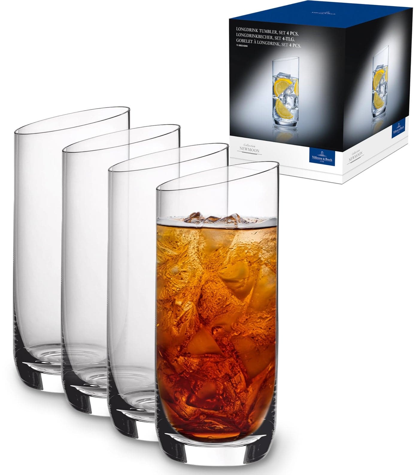 Villeroy Boch New Moon Set 4 Pieces Elegant Modern Sloping Long Drink Crystal Glass Transparent Dishwasher Safe