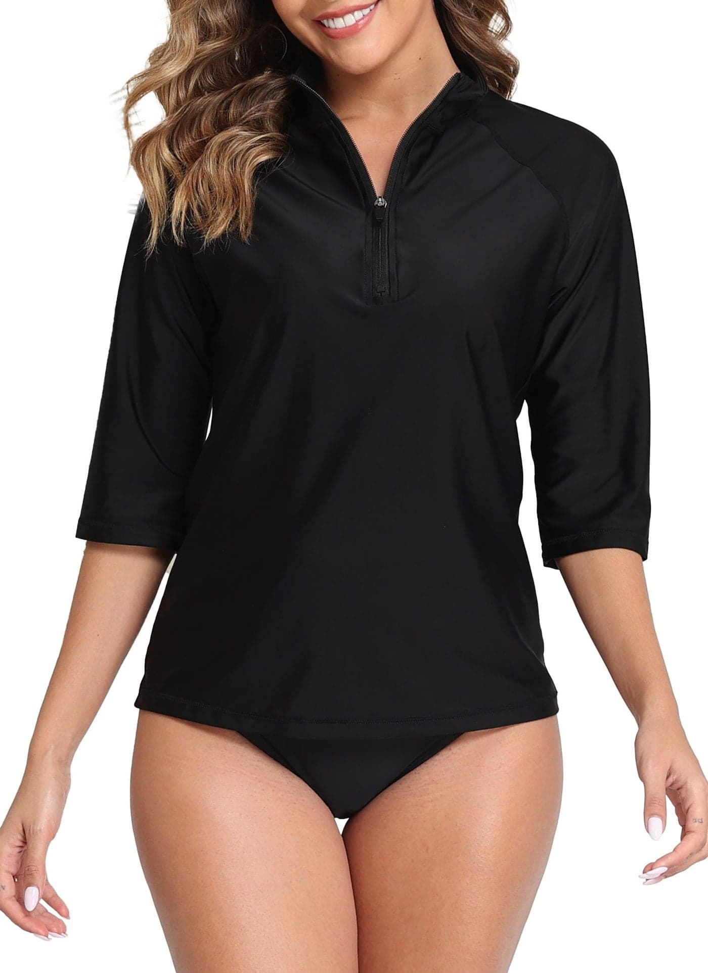 Halcurt Women's 3/4 Sleeve Rash Guard Swimsuit Top High Neck Half Zip Swim Shirt Only UPF50+ Quick Dry Bathing Suit Black L