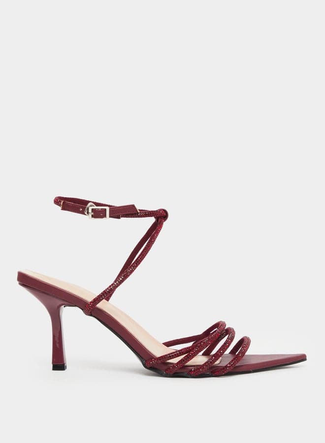 Burgundy Diamante Stiletto Heel Sandals — 38