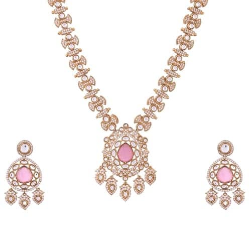 VOYLLA Hasli Opulent Pink And White Kundan Studded Gold Necklace Set, Hasli Necklace Set For Women, Antique Gold, Gift For Her, Wedding Set