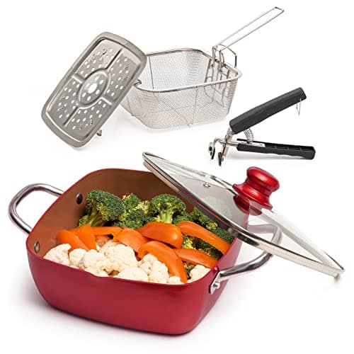 Moss & Stone 5 Pcs Red Copper Chef Cookware Non Stick Deep Frying Pan, Fry Basket, Steamer Rack, Dishwasher & Oven Safe, 5 Qt Deep Square Pan, Induction Copper Cookware Set - 9.5" x 3.5"