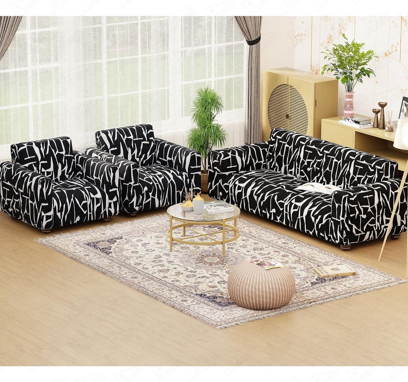 Lukzer 5 Seater Black & White Design Universal Sofa Cover 3+1+1 Seater | 360° Fully Covered Anti-Slip Washable Couch Cover Protecter | 140 GSM Stretch Fit Polyester + Spandex Slipcover (SC-026-05)