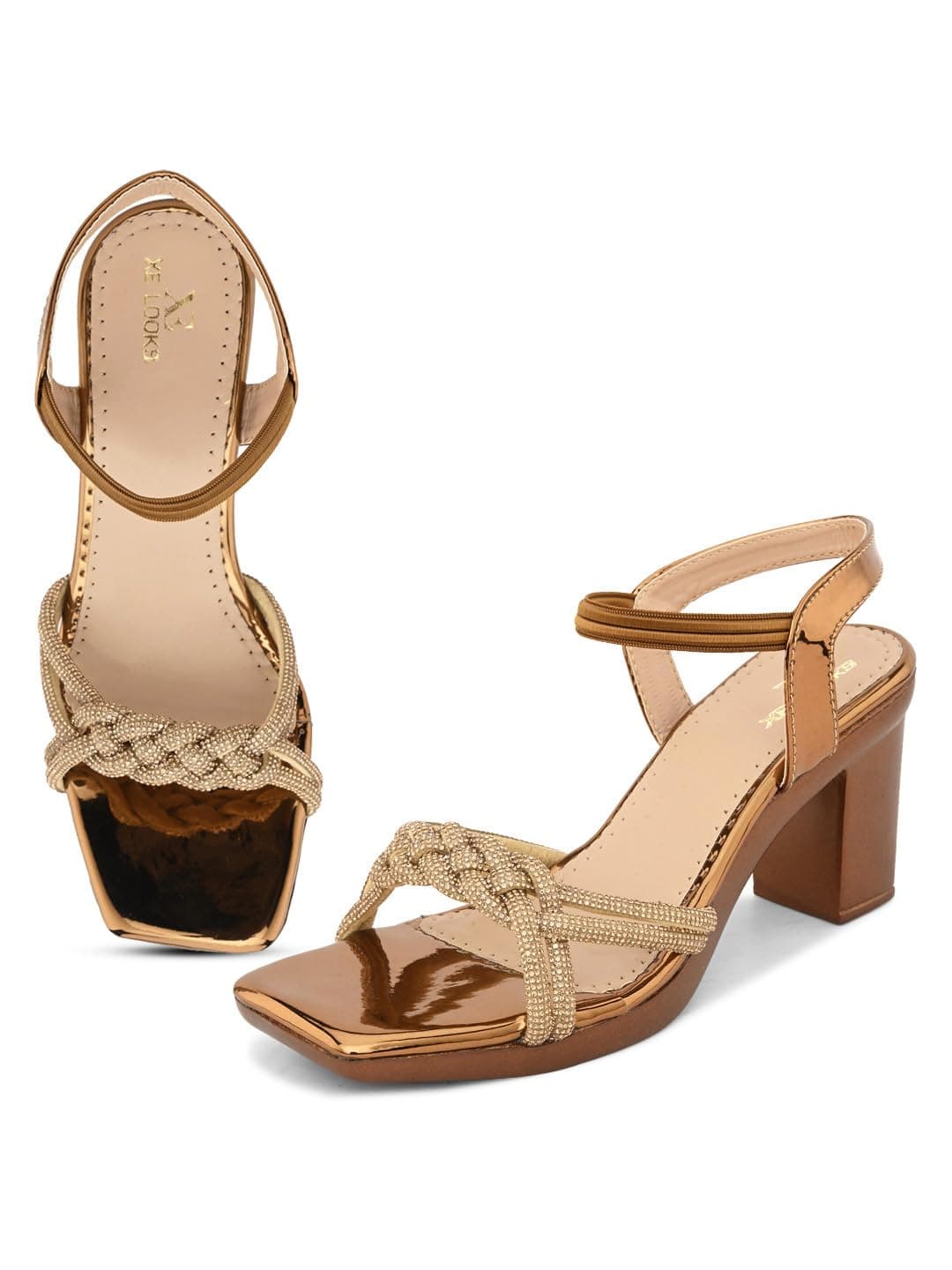 XE Looks Women's Copper Block Heel Sandals | Braided Strap Design with Glossy Finish | Elegant Sandals With Ankle Strap | Comfortable & Stylish Block Heels For Girls & Women