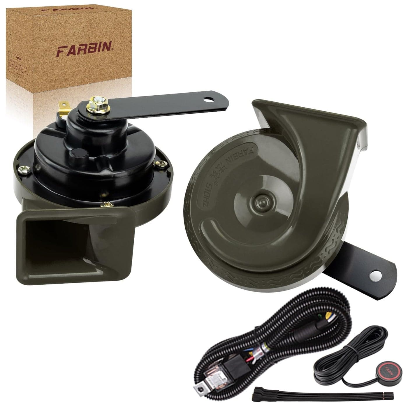 FARBIN Car Horns 12v Loud DualTone Auto Snail Horn Electric Horn Kit with Relay Harness and Switch for Truck Motorcycle Green horn and wiring button 12v