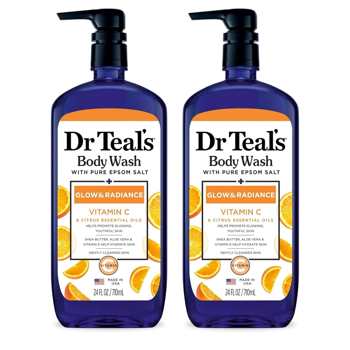 Dr Teals Body Wash with Pure Epsom Salt Glow Radiance with Vitamin C Citrus Essential Oils 24oz Pack of 2