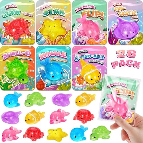 Valentines Day Cards for Kids School 28 Pcs Cute Ocean Squishy Toys with Kids Valentines Cards Valentines Day Exchange Gifts for Kids Ideal Valentines Party Favor Classroom Prizes