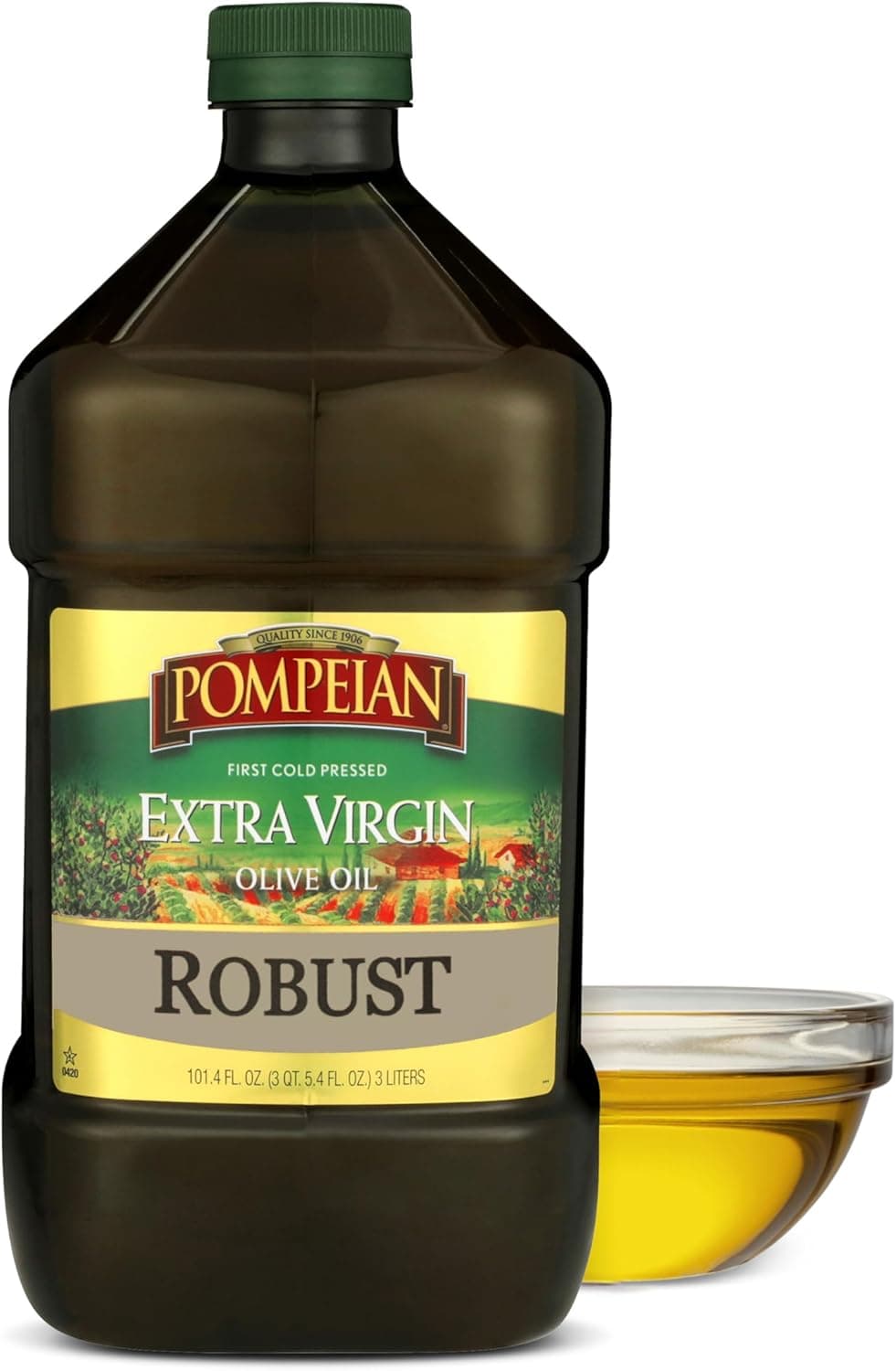 Pompeian Robust Extra Virgin Olive Oil - First Cold Pressed, Full-Body Flavor, Ideal for Salad Dressings and Marinades, 3 Liters