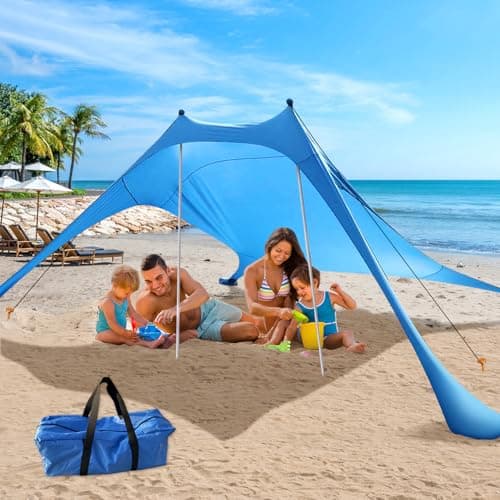 Beach Tent Shade Canopy with UPF50+ Protection Sun Shelter Portable Camping Tents with Sandbags Poles and Ground Pegs and Anti-Wind Ropes for Beach Outdoor Camping Backyard Picnics 7.5X7.5Ft